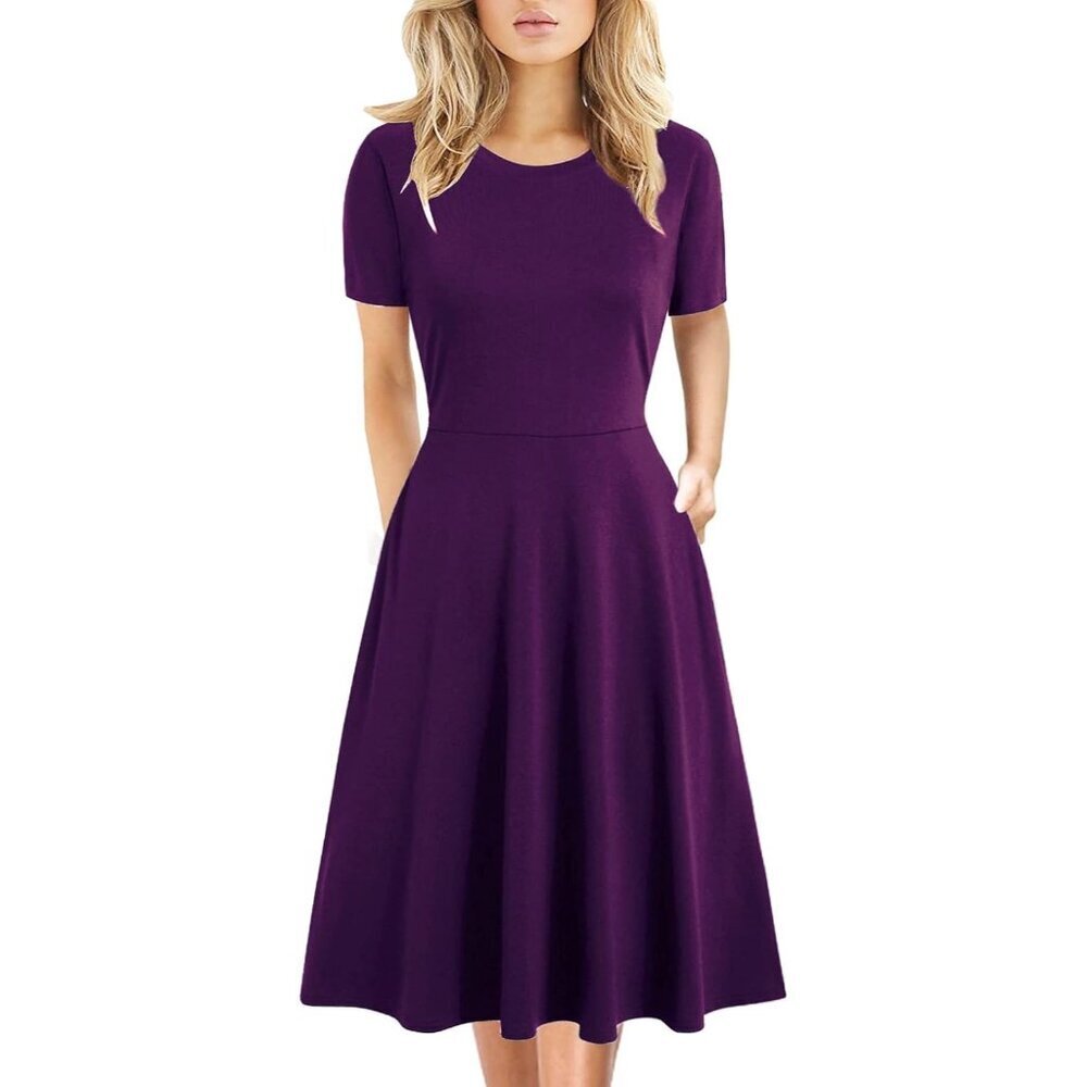 Women's Purple Elegant Knee Length Vintage A-Line Swing Dress with Pockets